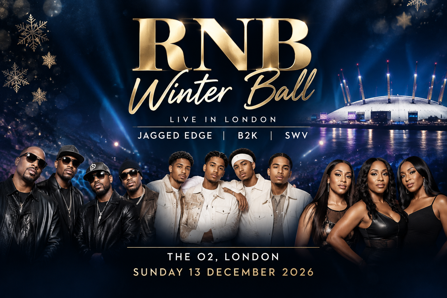 RNB Winter Ball 2026 promotional graphic featuring The O2 London, festive winter styling and the event’s featured R&B artists.